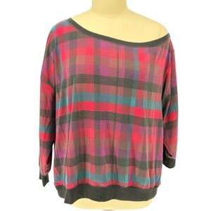 Torrid Sweatshirt Red Green Plaid Off Shoulder Slouchy 3